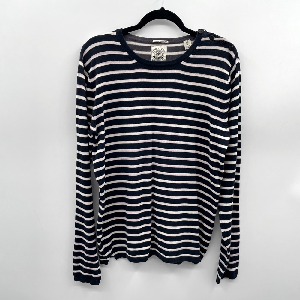 Scotch and soda woman’s blue & white stripped button shoulder long sleeve top